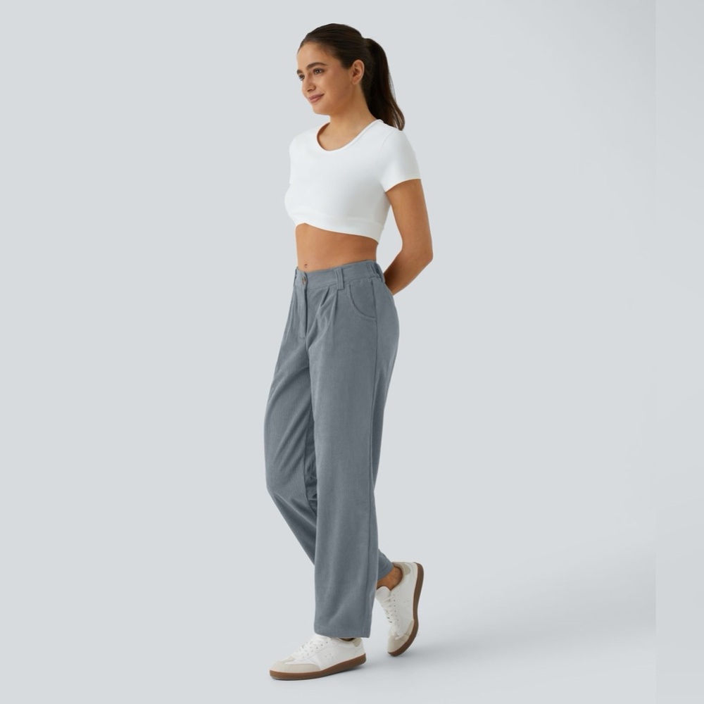 NWT Halara Mid Rise Zipper Pocket Corduroy Casual Pants in Blue Flower Gray